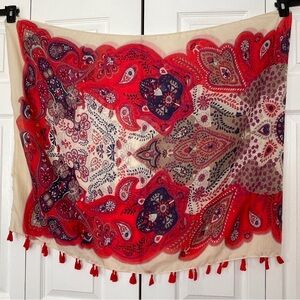 Vintage rn14750 Infinity Scarf with tassel fringe cream/red/blue